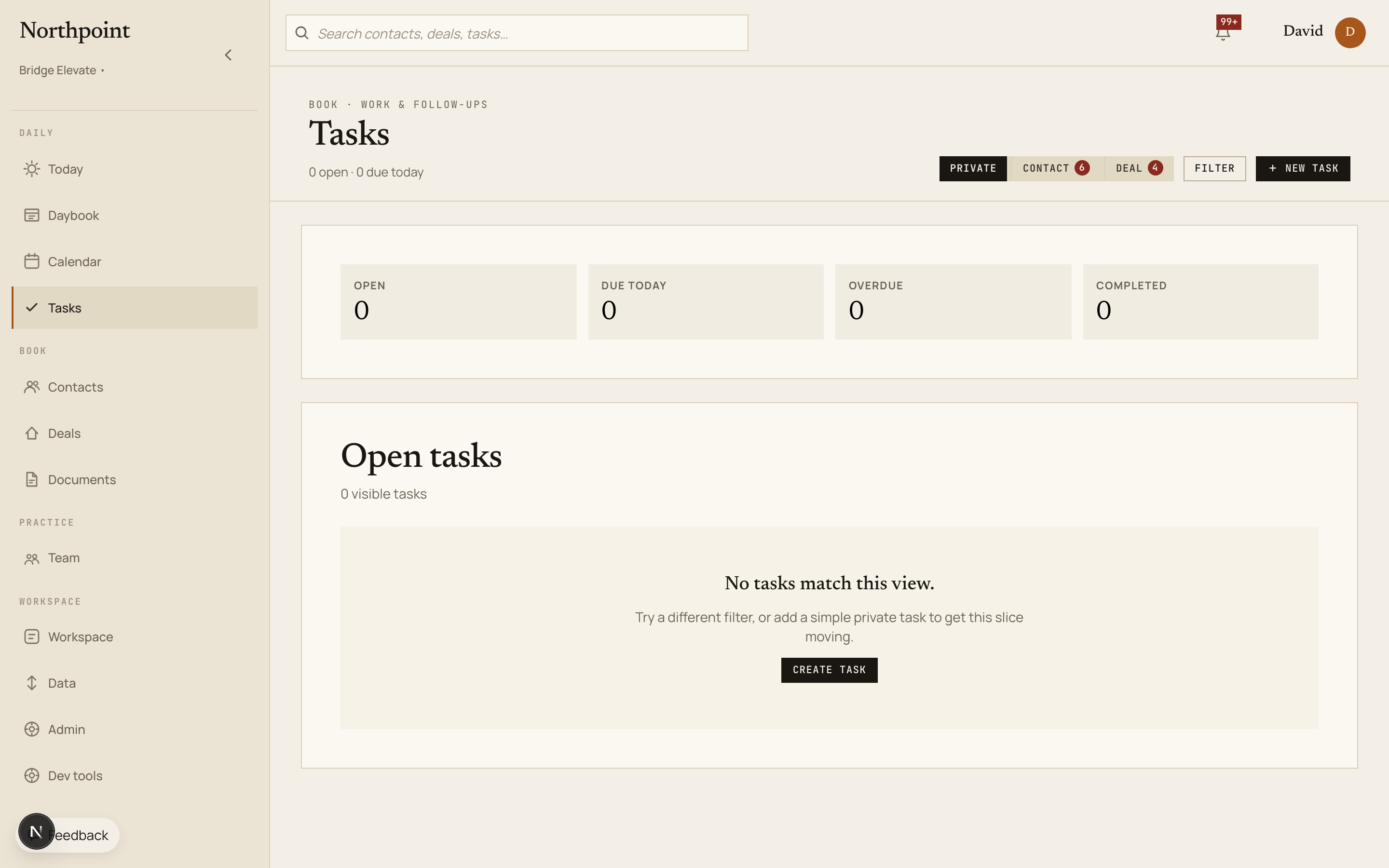 Tasks list with priority and due dates